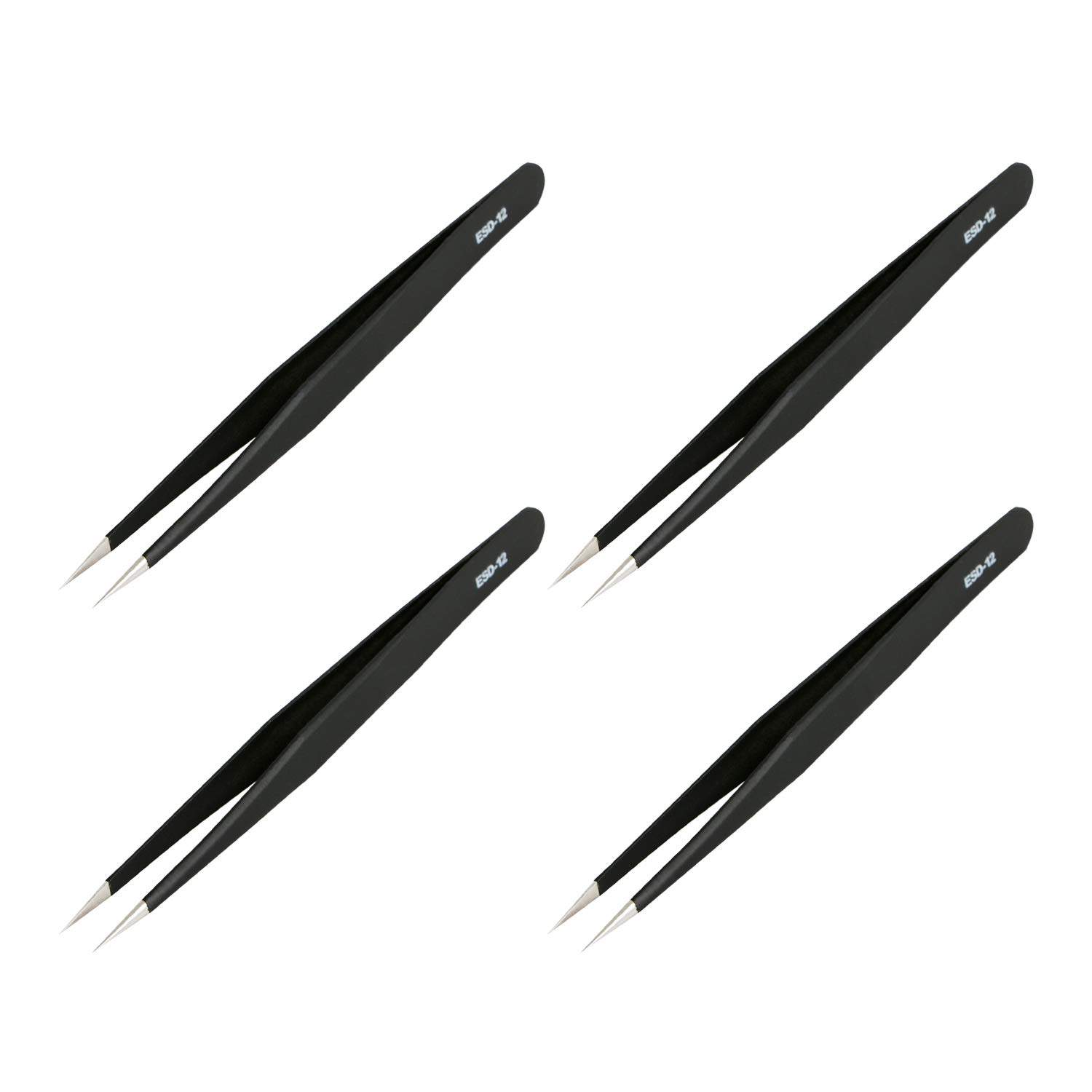 Aoje-Link ESD-12 Professional Anti-Static Precision Technology Tweezers, Non-Magnetic Fine Tip Straight, Stainless Steel Plastic Coated, Full Length 135mm, Black, 4pcs