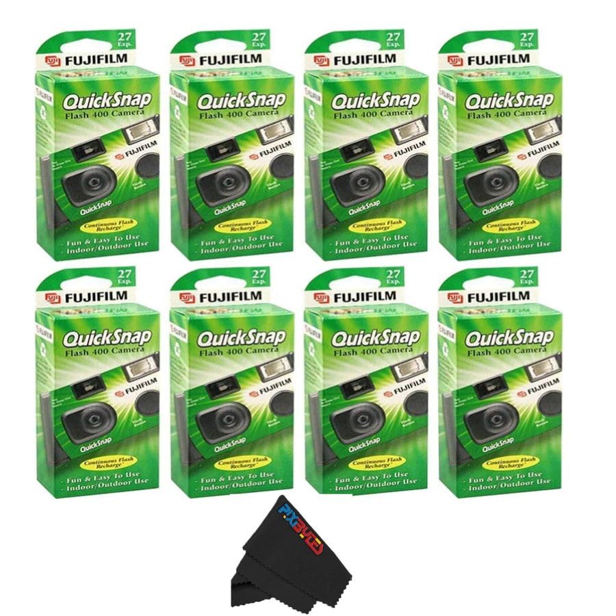 Fujifilm QuickSnap Flash 400 Disposable 35mm Camera with PixiBytes Microfiber Cleaning Cloth... (8 Packs (4 Twin Pack)) Image
