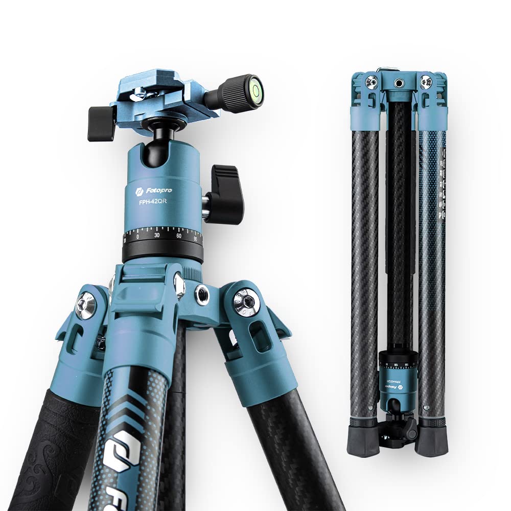 Fotopro 60 Inch Carbon Fibre Travel Tripod, Lightweight Professional Camera Tripod with 360 Ball Head 1/4 Quick Release Plate Foldable Size 14.3 Inch Max Loads Up 10kg X-Aircross Blue — image 1