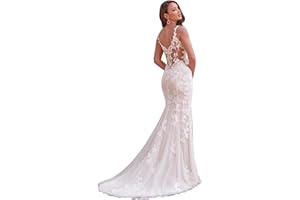 FVUECIY Mermaid Lace Wedding Dresses for Bride Spaghetti Strap Tulle V Neck Sleeveless Long Bridal Gown 2024