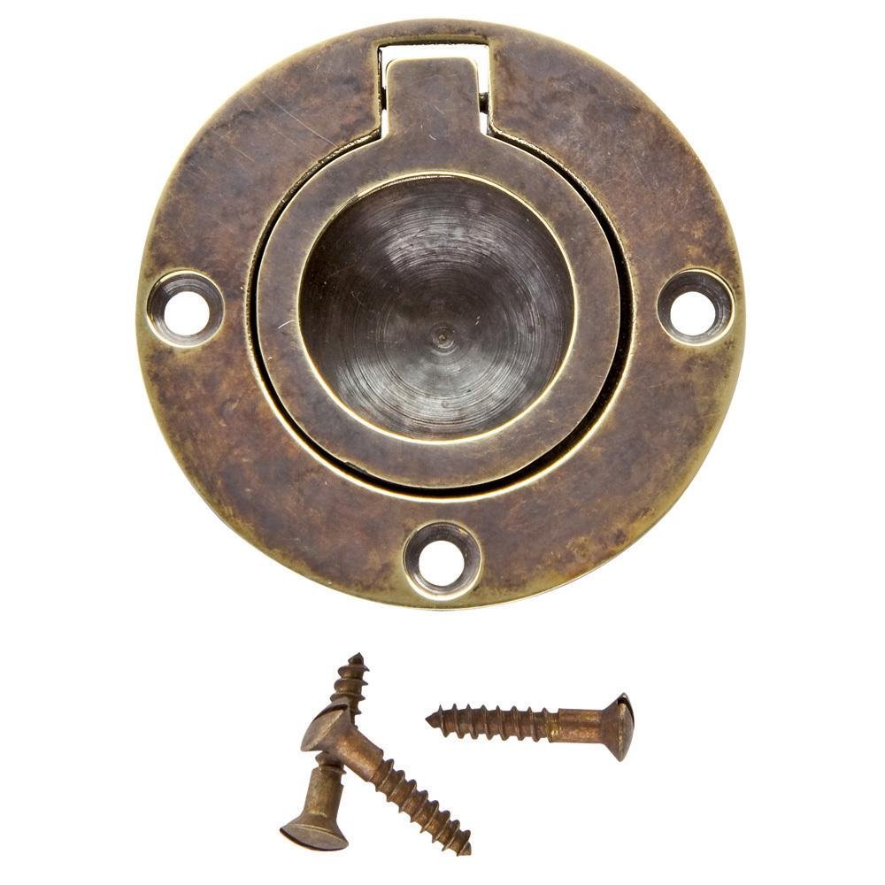 13/4 in Round Recessed Ring Pull, Antique Brass And