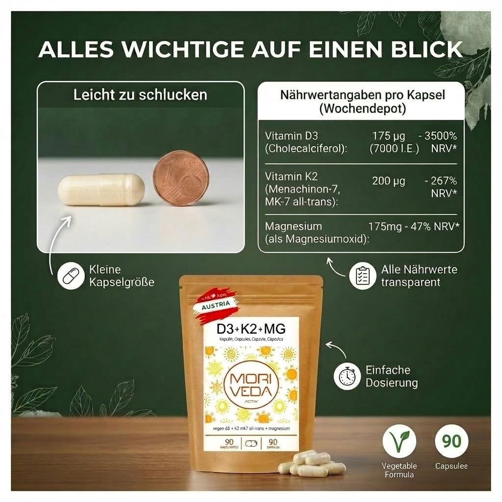 MoriVeda 90 Vitamin D3 K2 Magnesium Wochendepot Kapseln – 7000 I.E. D3 + 200 µg K2 MK7 + 175 mg Mg – Vegan, aus Flechten & Natto 7