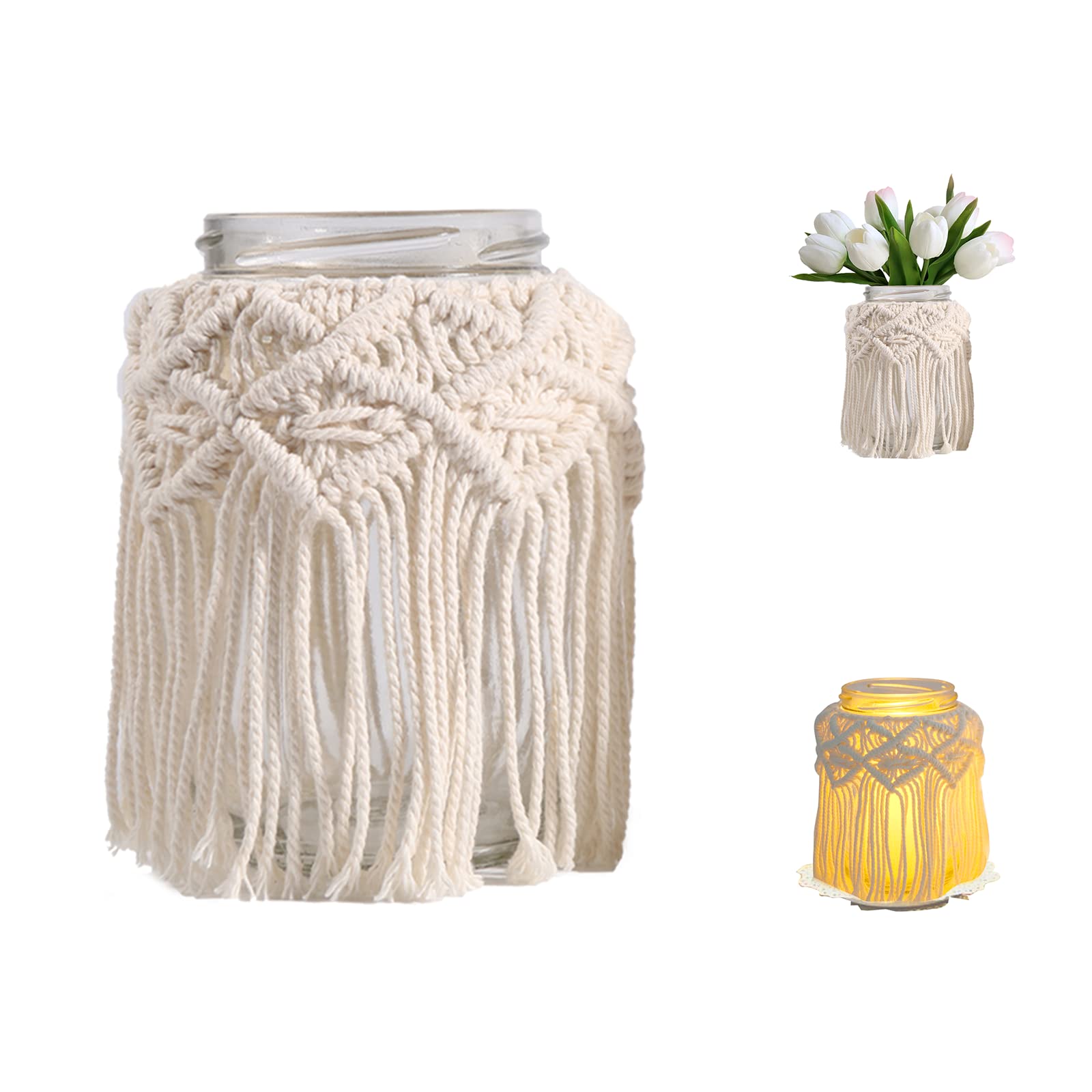 Candle Holder Macrame Garland, Lanterns, Decorative Candles, Beige Boho Decorative Balcony for Candles and Dried Flowers (1 Piece, 12.5 x 6.5)