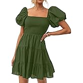 ZESICA Women's Boho 2026 Summer Square Neck Puff Sleeve Off Shoulder Smocked Tiered Casual A Line Short Mini Dress
