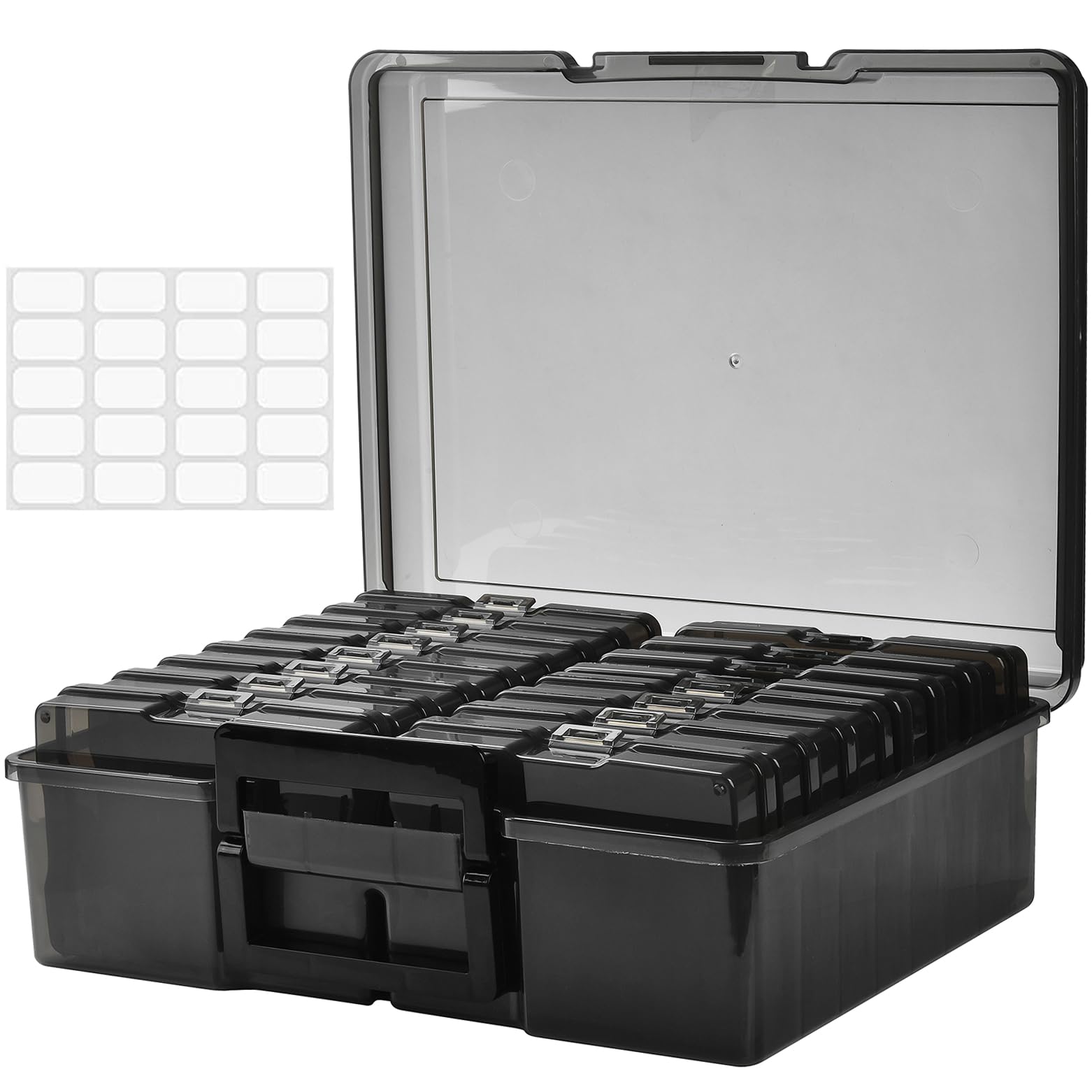 Photo 1 of ALINK Photo Storage Box with Handle, 4" x 6" Photo Organizer Storage Container with 16 Inner Case and 1 Sheet Label for Pictures, Arts, Crafts, Sewing, Stickers, Seeds, Office Supplies - Black