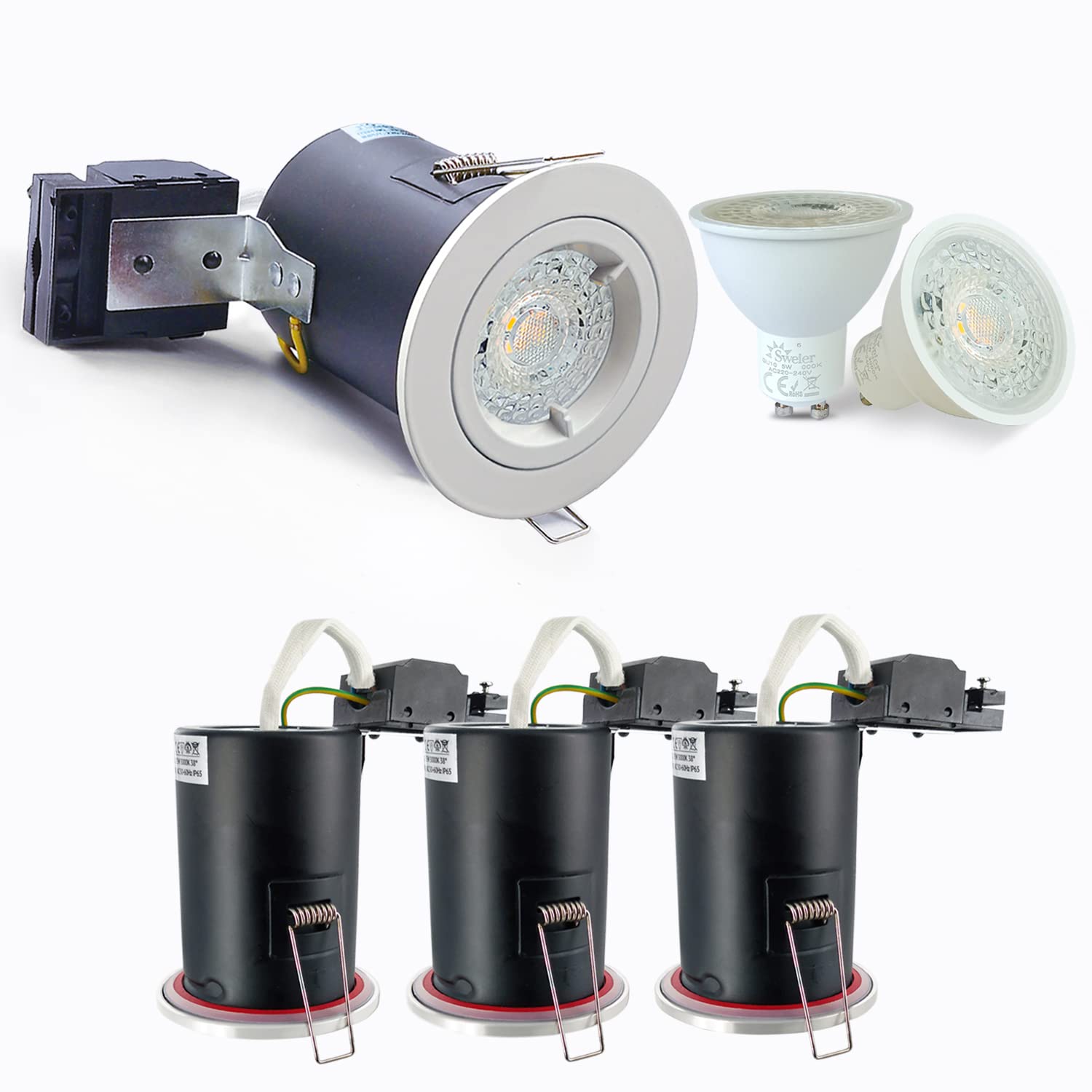 4XSweier 90 Minute Fire Rated LED Downlights,IP20 GU10 LED Recessed Ceiling Lights, Fire Rated Spotlight with 5W 6000K Cool White Bulb, White(Non-Dimmable)