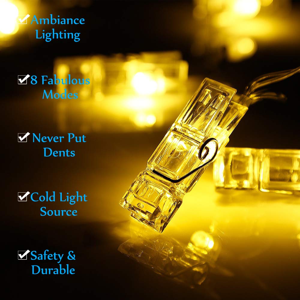 LED Photo Clip String Light – 40 Clear Clips, 13 ft, Warm White, for Fairy Indoor Home Décor Bedroom College Dorm Halloween Christmas Birthday Wedding Party– for Hanging Pictures Cards (USB Powered)