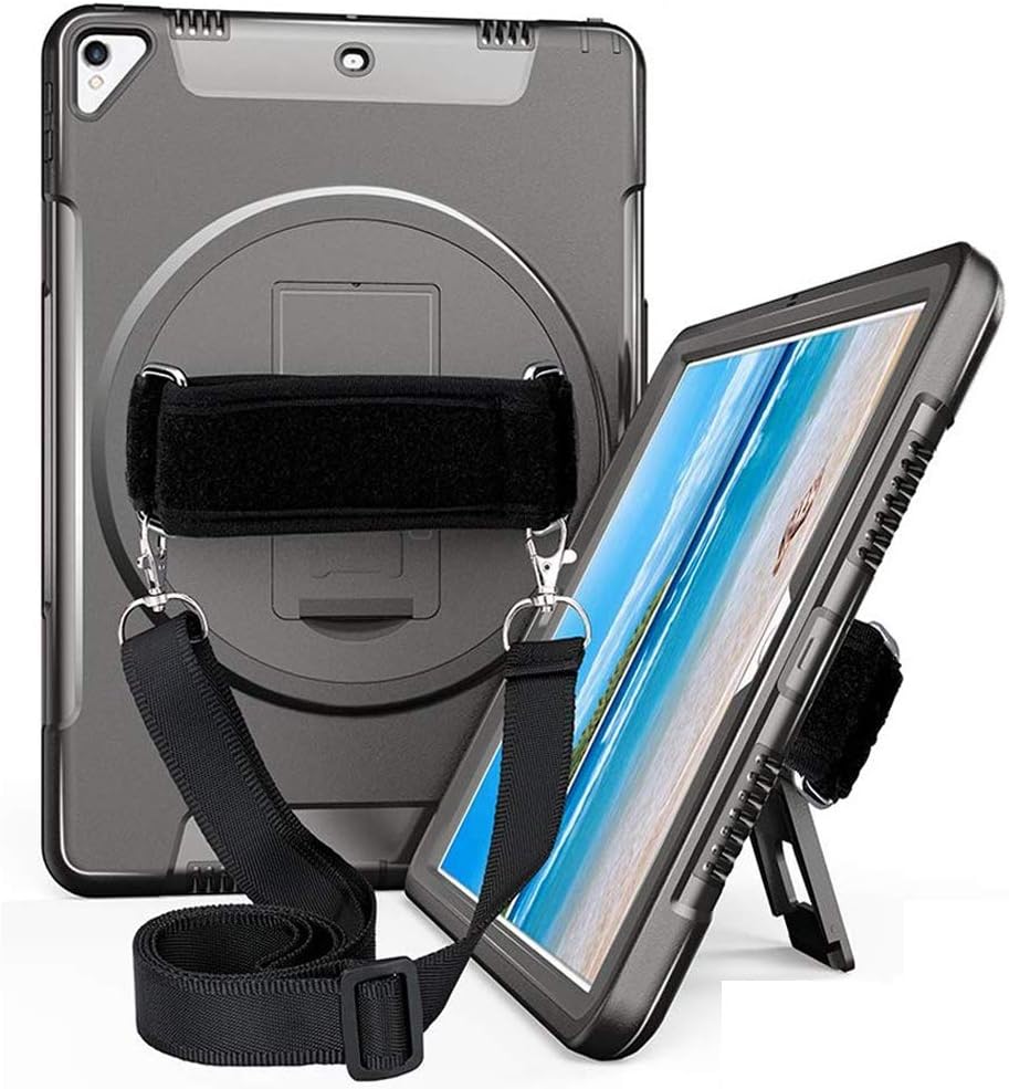 iPad Air 10.5” (3rd Gen) 2019 Case, iPad Pro 10.5 inch Case with Screen Protector, Heavy Duty Three Layer Rugged Shockproof Protective Case with 360°Swivel Kickstand, Hand / Shoulder Strap, Black