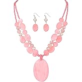 Rosslyons Big Oval Gemotric Pendant Necklace for women Double Strand Colorful Beads Statement Necklace and Earrings Set Fashion Jewelry Gifts