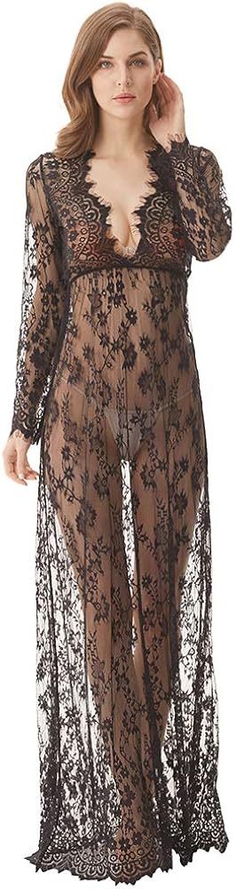 cunlin Women Floor Length Deep-V See Through Floral Lace Gown Maxi Maternity Dress for Photo Shoot