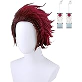 Soyusunny Kamado Tanjirou Cosplay Wig Costume Halloween Wigs for Women Men with Earrings