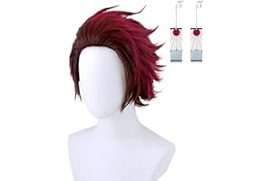 Soyusunny Kamado Tanjirou Cosplay Wig Costume Halloween Wigs for Women Men with Earrings