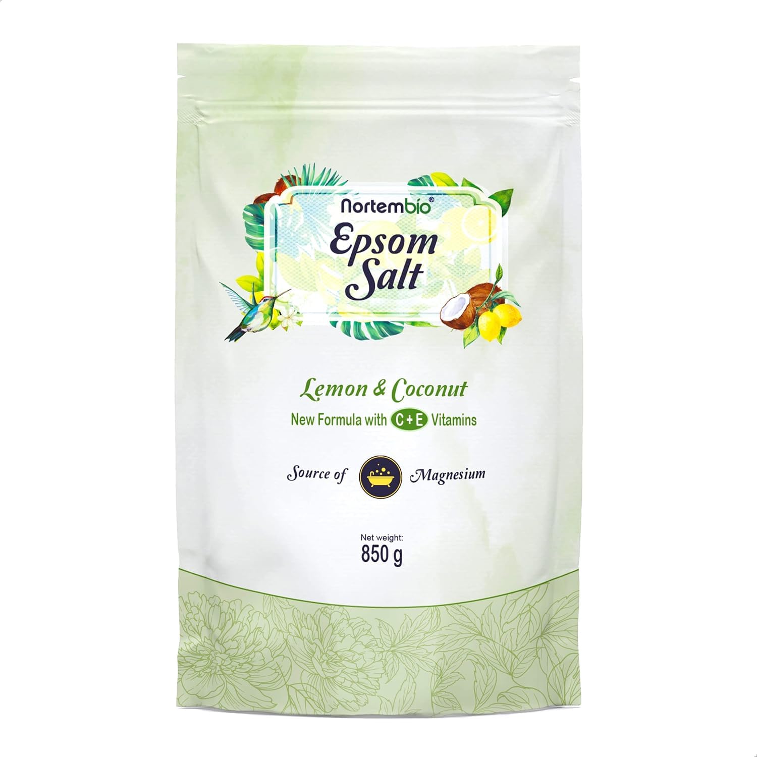 Nortembio Epsom Salt 100% Lemon & Coconut Fragrance 850 g – Natural Source of Magnesium | with Moisturizing Vitamin C & E | for Relaxing Baths, Spa & Skincare + Free E-Book