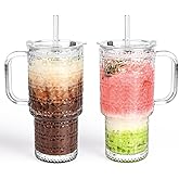 Oroklis 18oz Glass Tumbler with Handle & Lid – 2-Pack Iced Coffee Cups with Straws, Glass Mug for Cold & Hot Beverages Travel Cup for Smoothies, Tea, and Juice (clear-Gemstone pattern-2pack)
