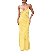 HOCILLE Women's Sexy V Neck Backless Bodycon Spaghetti Strap Elegant Ruffle Maxi Cocktail Party Dresses