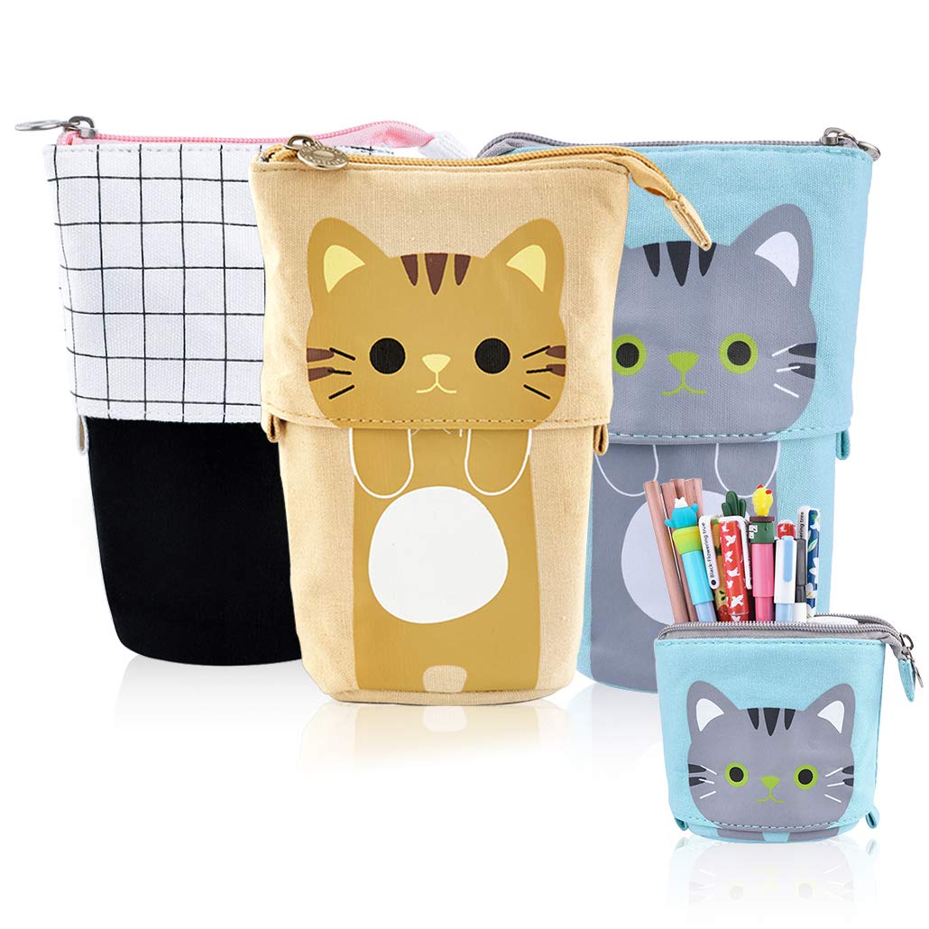 iSuperb 3PCS Retractable Transformer Pencil Case Telescopic Plaid Pencil Bag Cute Cat Stand Up Pen Holder Standing Pencil Box Zipper Pencil Pouch Teens Stationery Bag Organizer (Blue+Khaki+Plaid)