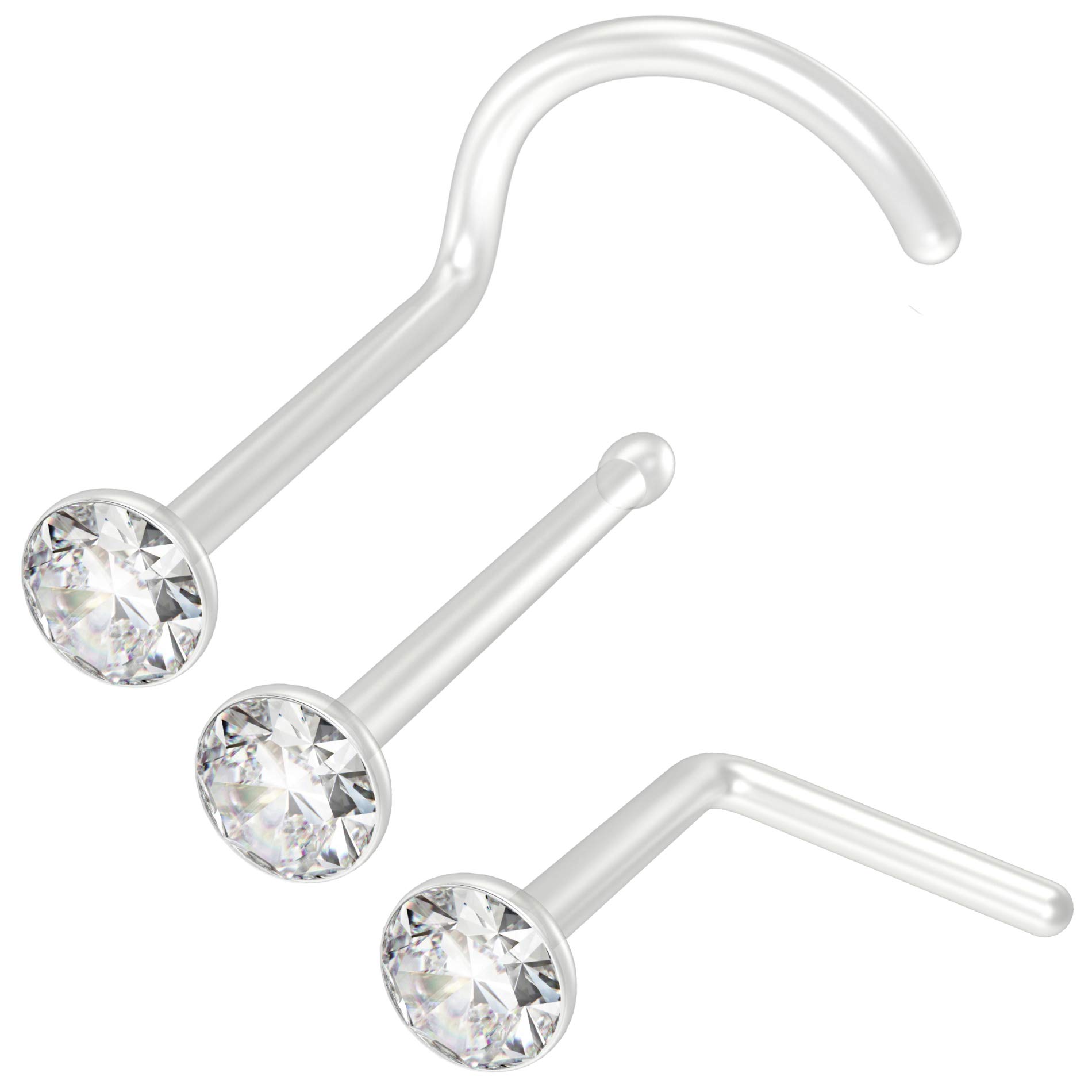3pc Nose Studs Bone Stud 0.8mm 20g Rings Clear L Shap Small Flat 2mm Crystal Tiny CZ 20 Gauge Face for Women Ring Pericings Bend Bioplast Bendable Bioflex Plastic