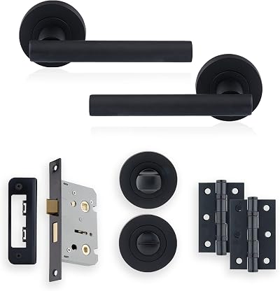 XFORT Matt Black Liberty Lever On Rose Bathroom Pack with 65mm Lock 75mm Hinges