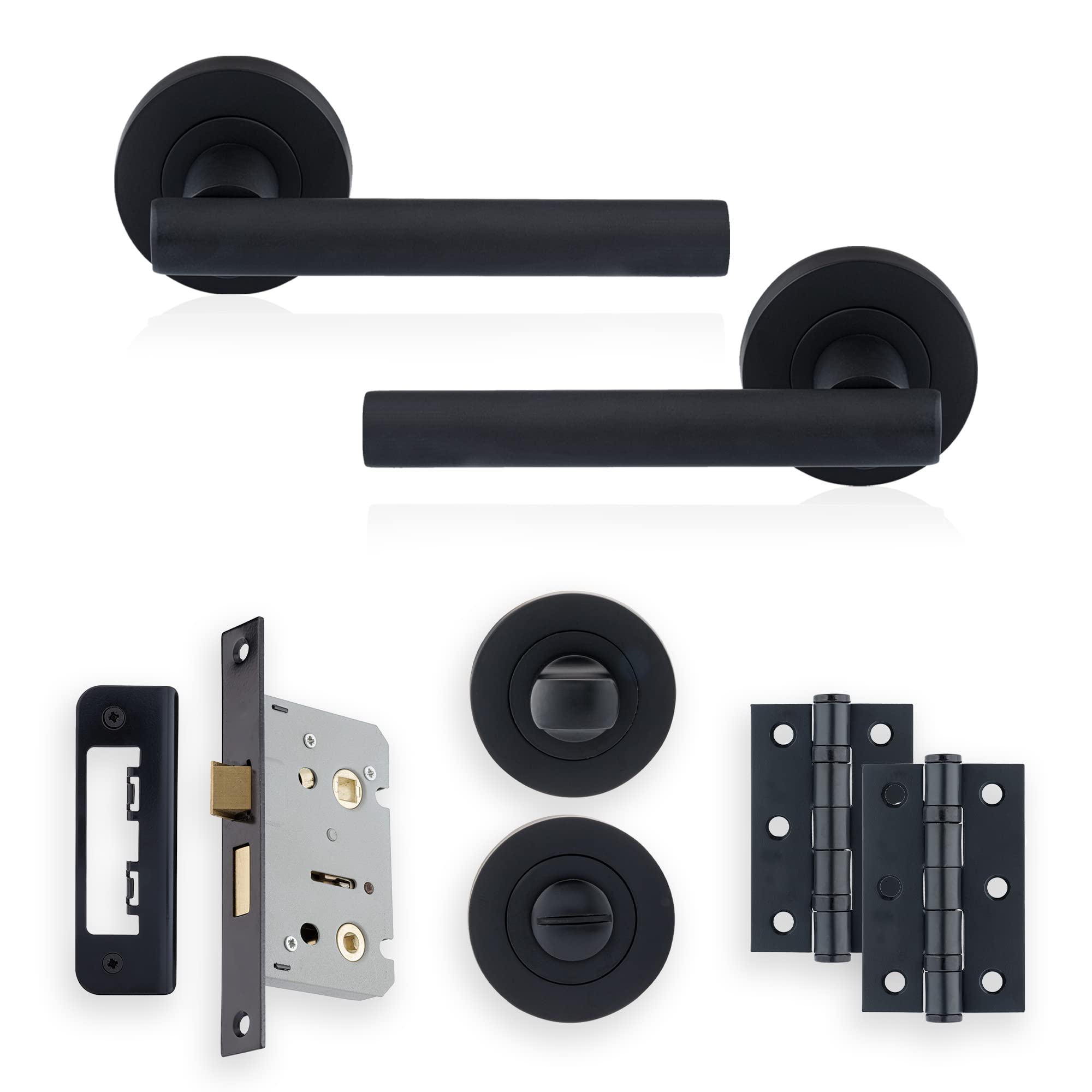 XFORT Matt Black Liberty Lever On Rose Bathroom Pack, Complete Set with T-Bar Handles, 65mm Privacy Lock, 75mm Ball Bearing Hinges and Thumb Turn & Release Set, for Internal Bathroom Doors