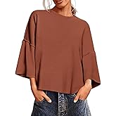Saodimallsu Womens 3/4 Sleeve Sweaters Lightweight Crewneck Loose Pullover Casual Oversized Fall Knit Tops