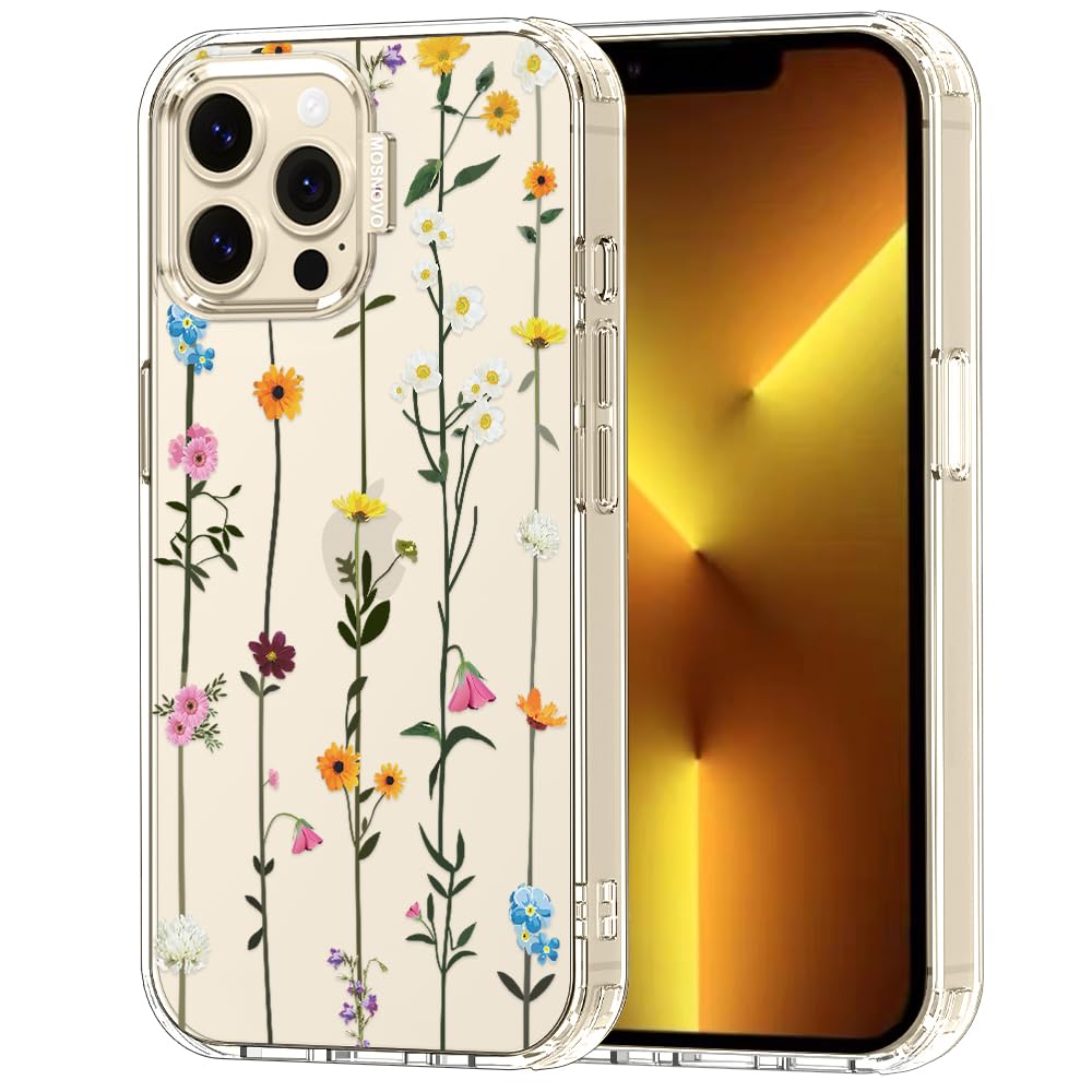 MOSNOVO Case for iPhone 13 Pro Max, [Buffertech 6.6ft Military-Grade Drop Protection] [Anti Peel Off Tech] Clear TPU Bumper Phone Case Cover Design - Wildflowers