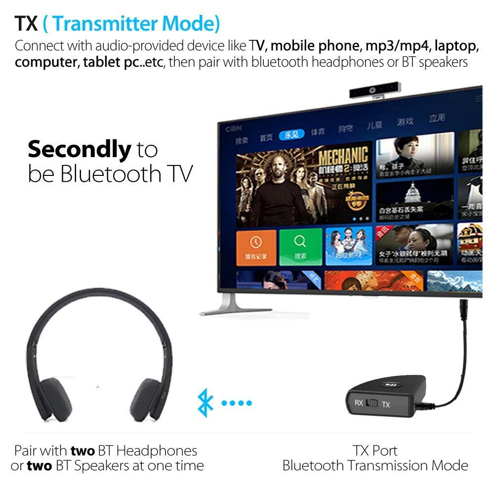 Blufree Bluetooth 4.2 Transmitter Receiver, 2-in-1 aptX Low Latency Wireless 3.5mm Audio Bluetooth AUX Adapter for TV / PC / MP3 / MP4, Home Sound System / Headphones / Speakers, Paired 2 Bluetooth Devices at Once (Volume Control)