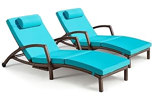 ZZWHOM Chaise Lounge Chairs Outdoor Set of 2, Comfy Outside Wicker Patio Pool Lounge Chair w/ 5 Adjustable Back Angle, Cup Holder, Thicken Cushion