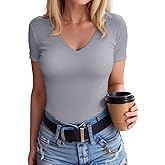 SANDERY T Shirts for Women Short Sleeve V Neck Solid Basic Casual Ribbed Slim Fitted Tops