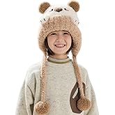 AMOFIA Girls Cartoon Knit Hat Winter Animals Character Hats Boys Fuzzy Ski Beanies Ear Flap Cap with Pom 2-12 Years