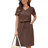 HUSKARY Women Summer Casual Midi Dresses Short Sleeve V Neck Drawstring Knee Length T Shirt Dress with Split and Pocket