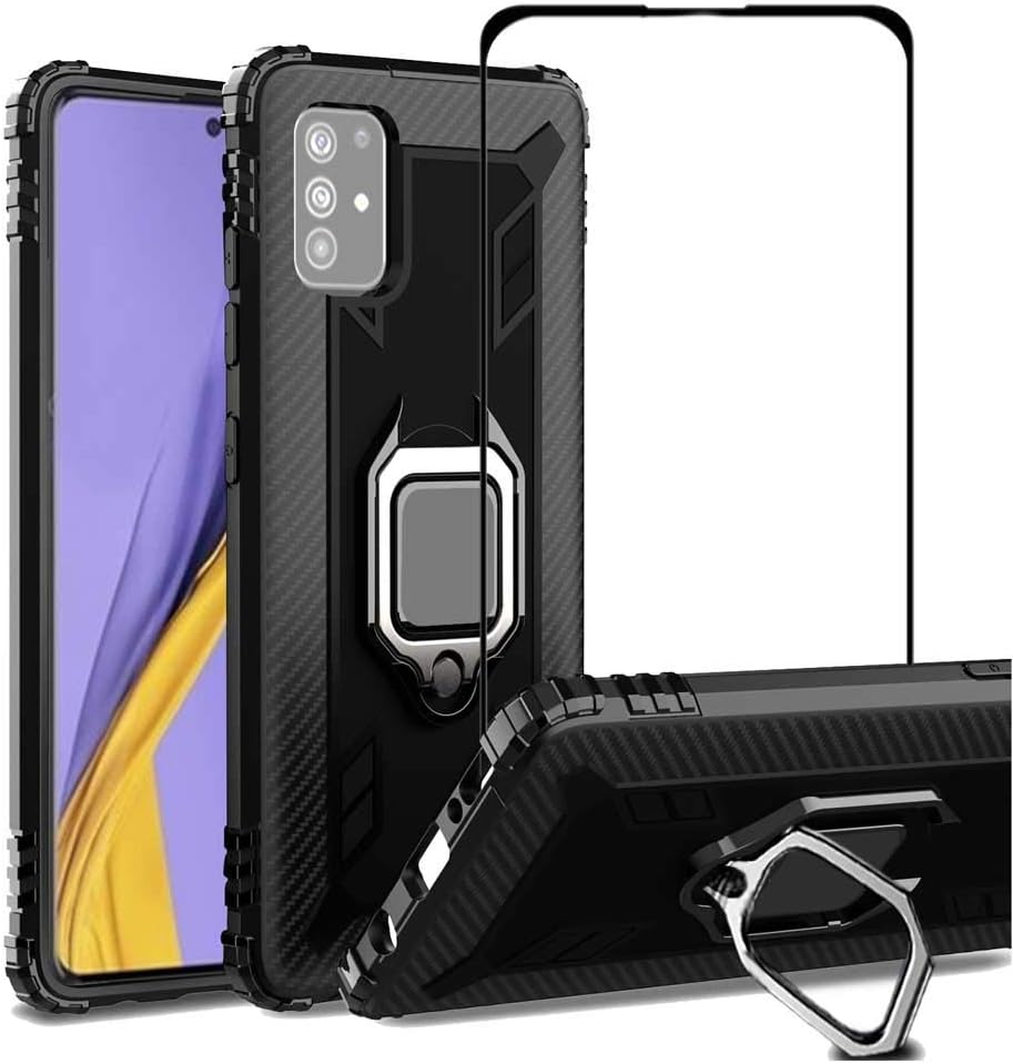 VICEANICS for Galaxy A51 case, Galaxy a51 Cover with Tempered Glass Screen Protector, Soft TPU Armor Case Reforced Cornors with Magnetic Finger Ring Holder Kickstand, Black
