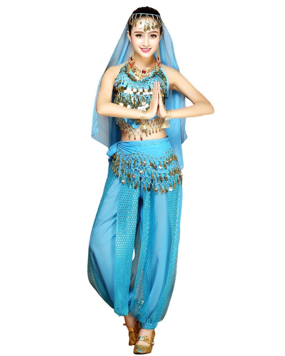 Grouptap Womens belly dancer 4-piece costume set outfit blue with top pants head veil hip scarf for Arabian Egyptian dancing (Cyan, 150-170cm, 45-65kg)