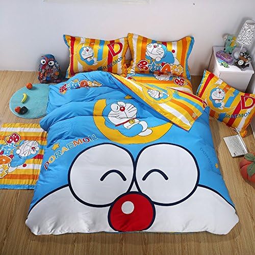 ALLSGROUP 100% Cotton Cartoon Double Bedding Set Twin Single Bed Set Doraemon Bed Linen for Children Kids Bedding (King, Light Blue)