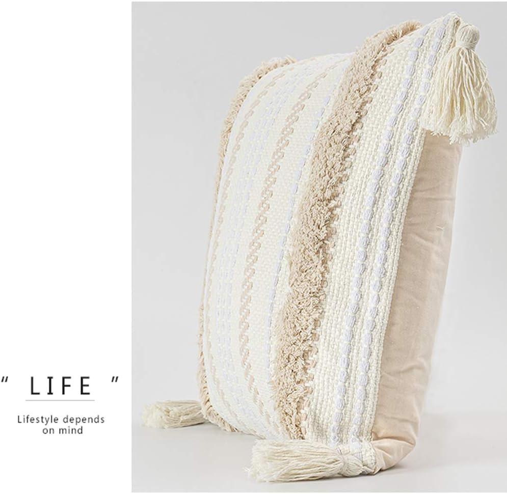 blue page Boho Neutral Decorative Throw Pillow Covers, Woven Tufted Pillows Cover for Couch Sofa Bedroom Living Room, Indoor Outdoor Pillow Cases with Tassels (18X18 inch, Yellowy Cream): Home & Kitchen