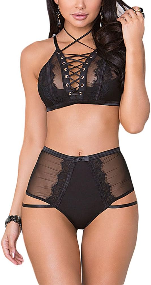 Hyacine Women 2 Piece Lace-up Strappy Bralette High Waisted Thong Lingerie Set Sleepwear Black L