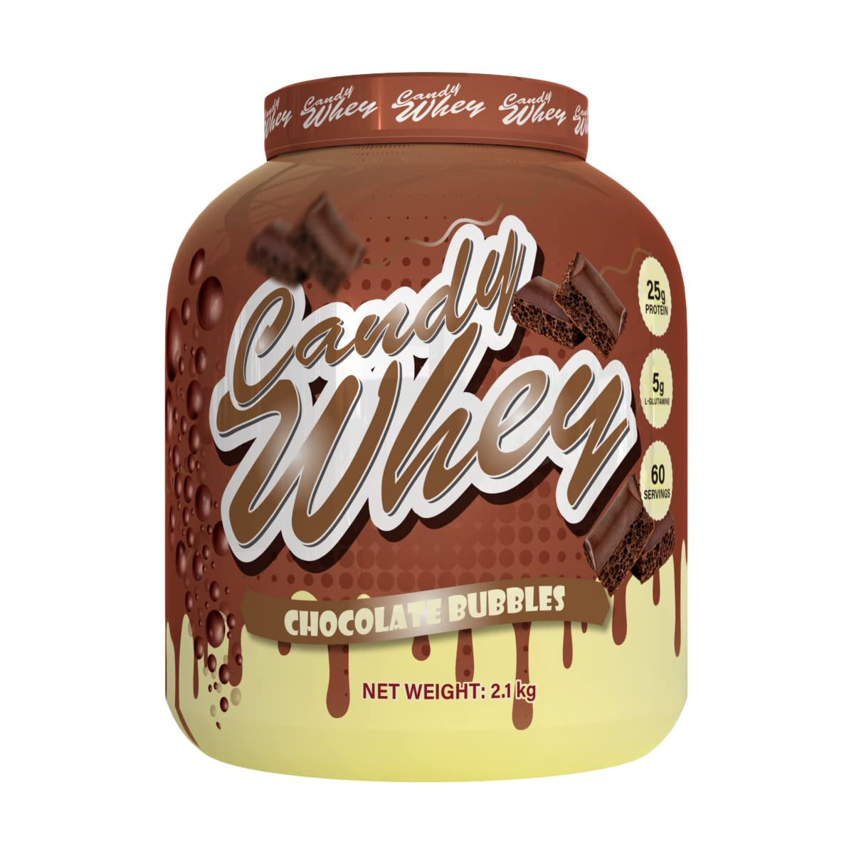 Candy Whey | 2.1kg | Muscle Building High Protein Shake | Vegetarian Friendly | 5g Glutamine Per Serving | Low Fat, Low Sugar | 60 Servings | (Chocolate Bubbles)