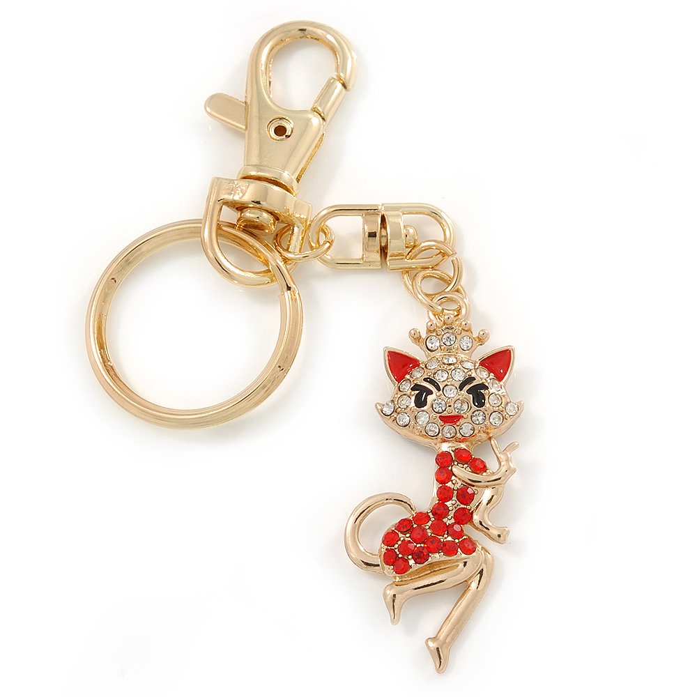 Avalaya Clear/Red Austrian Crystal Queen Kitty Keyring/Bag Charm In Gold Tone - 11cm L