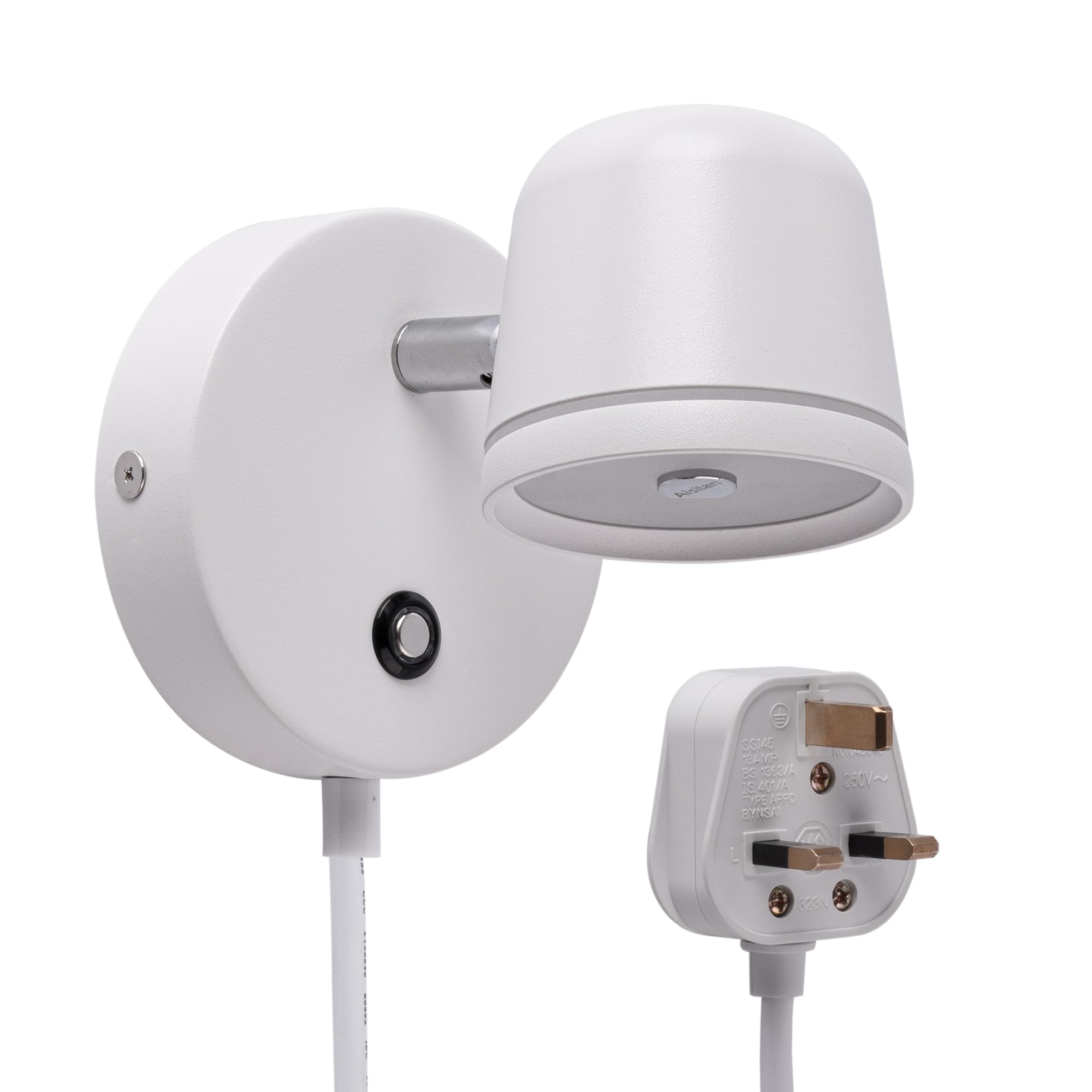 Aisilan Plug-in White Wall Light 3 Colour Temps - 5W Wall Sconce Dimmable Adjustable LED Wall Mounted Lights with Touch Switch for Bedroom Night Light, Wall Spotlight for Art