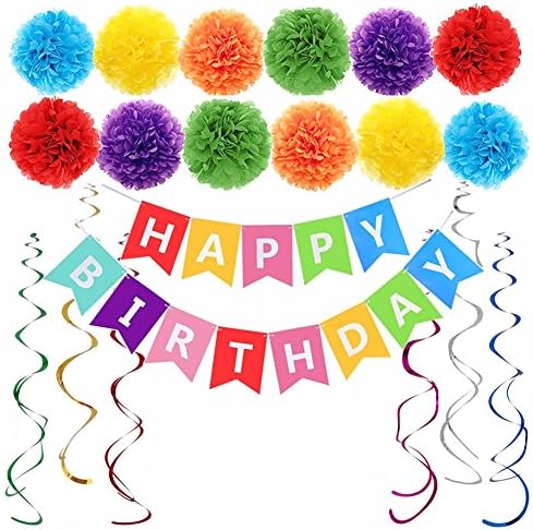 Happy Birthday Banner Multicolor Tissue Paper Pom Poms Flower Plastic Swirl for Birthday Party Decorations Supplies - 20 Pieces