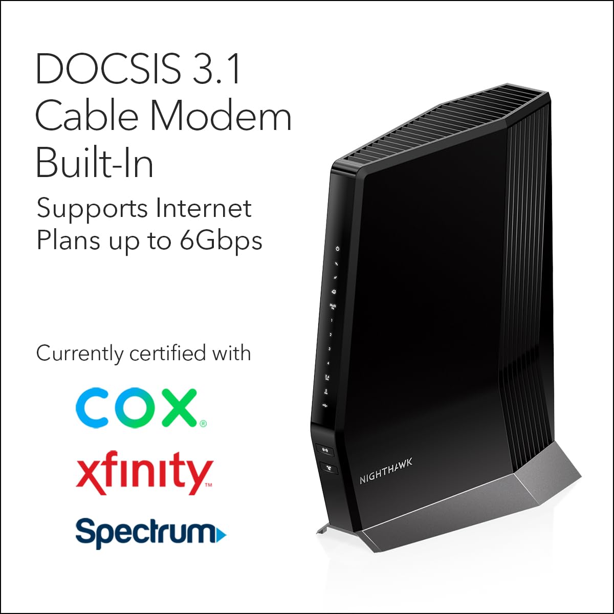 NETGEAR Nighthawk Cable Modem and WiFi 6 Router Combo (CAX80) - Compatible with All Major Cable Providers incl. Xfinity, Spectrum, Cox - Cable Plans up to 6Gbps - AX6000 WiFi 6 Speed - DOCSIS 3.1