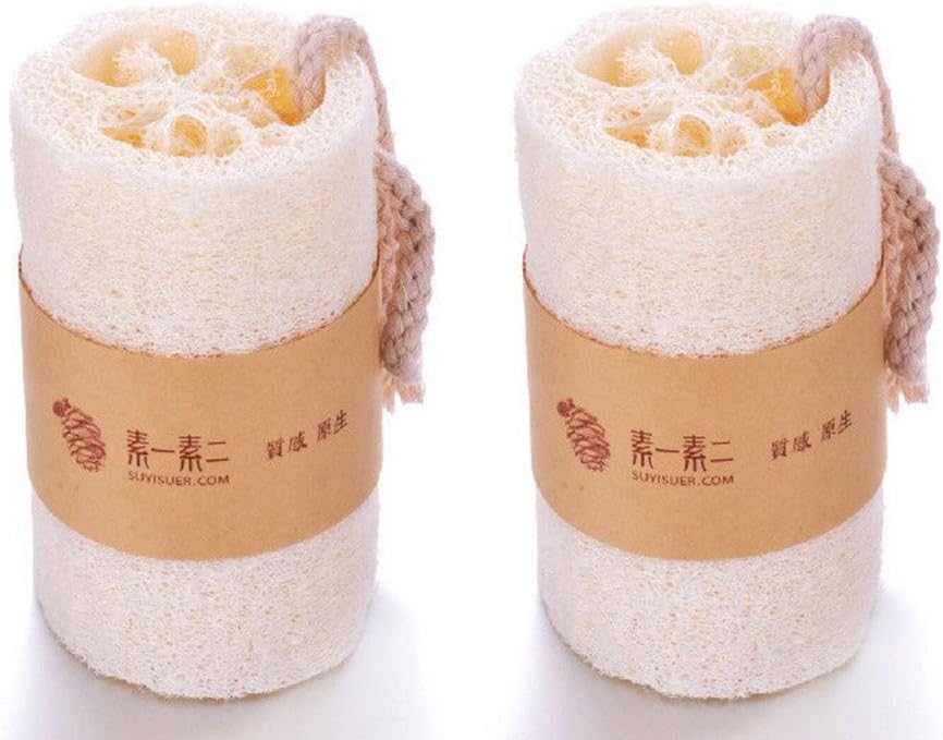 SUYISUER Natural Loofah Exfoliating Bath Sponge Scrubber (with Hang Rope Easier to Hang on),Pack of 2