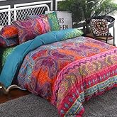 WONGS BEDDING Bohemian Comforter Set Queen, Ultra Soft Microfiber Reversible Boho Alternative Comforter Set - 3 Pieces (1 Solid Comforter + 2 Pillowcases), Bedding Duvet Set for Queen Bed