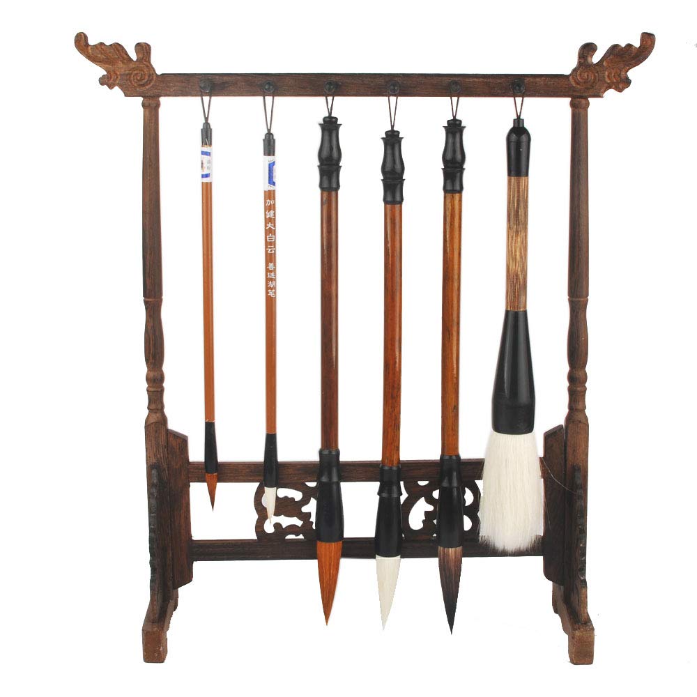 Photo 1 of NWFashion Wood Carving Calligraphy Sumi Brush Hanger Calligraphy Rosewood Stand Shelf 12pins Chinese Brush Holder … (6 Brush+Holder)