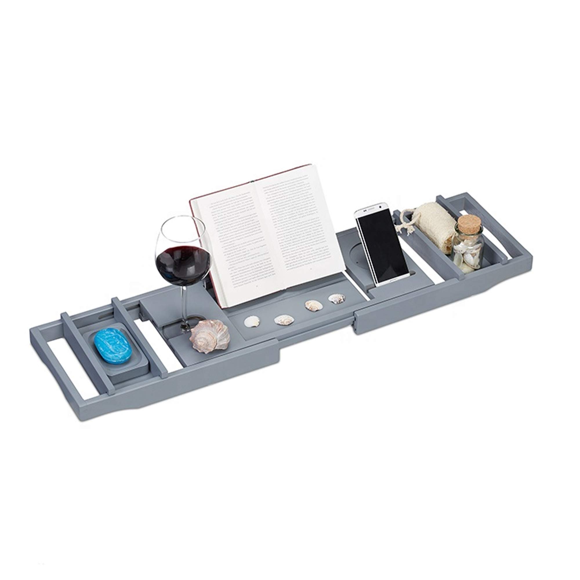 Grey Bath Caddy, Bridge, Tray – Nardo Grey with Book, Tablet, Phone, Wine Glass, Candle holder. Extendable/Adjustable caddy bridge tray. 100% Natural Bamboo over the bathtub spa tray.