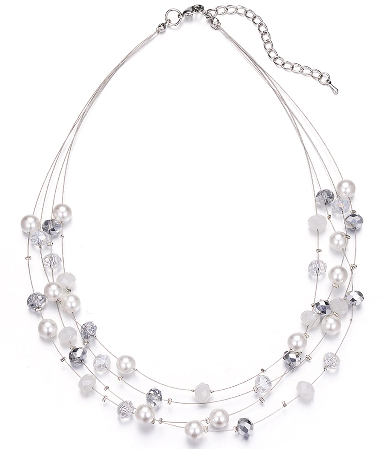 BULINLIN Crystal Layered Statement Necklace for Women, Shell Choker Necklace with Chunky Silver Metal Fashion Jewelry Gifts for Her (White)