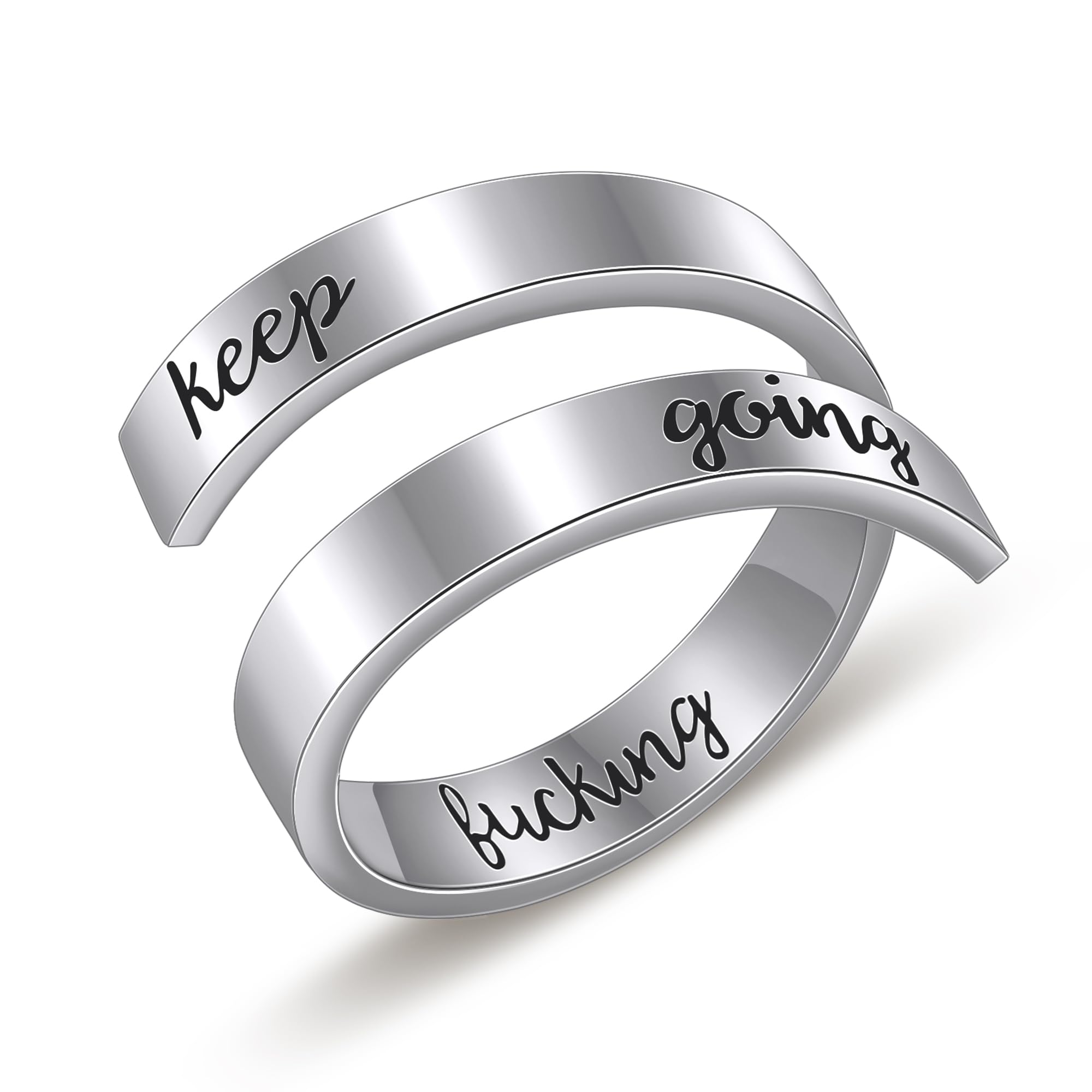 AILUOR Silver Keep Going Ring, Stainless Steel Inspirational Rings Jewelry Engraving Size Adjustable Bands Cool Personality Encouragement for Women Men Statement Ring (Keep going Silver 1)
