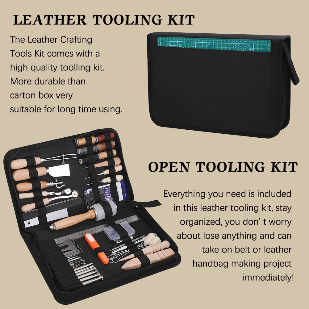 Leather Working Kit, Leather Tools, Working Tool Kits with Stamping Tools Storage Bag Cutting Mat Prong Punch Waxed Thread Stitching Groover for DIY Craft