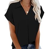 NILOINE Blouses for Women Dressy Casual Summer Tops Short Sleeve Shirts Business Flowy Work Blouse V Neck Tunic