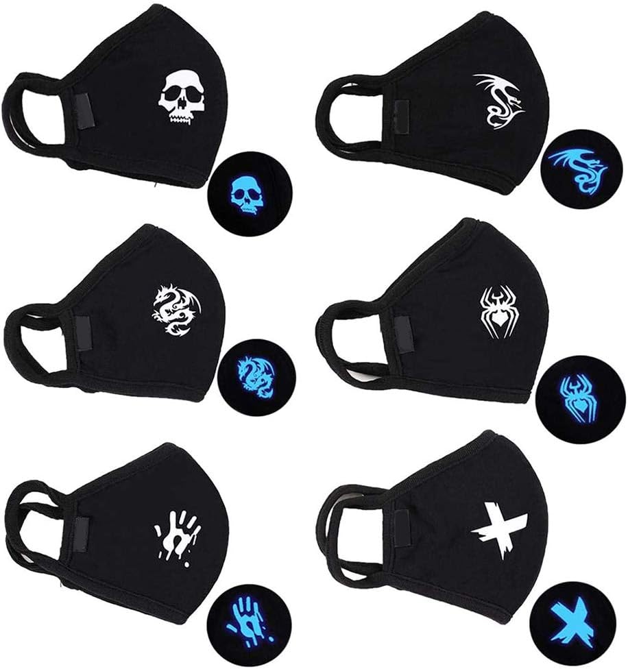 Sarplle 6PCS Dust Mask Protective Mask Luminous Masks Glowing Masks Personality Protective Masks with Spiders, Hand Prints, Skeleton Heads Pattern for Dust, Bacteria, Smoke, Pollen