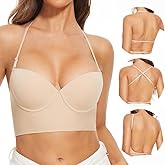 Low Back Bras for Women-Seamless Lightly Lined Invisible Backless Bra-Underwire Plunge Open Back Multiway Halter Bra